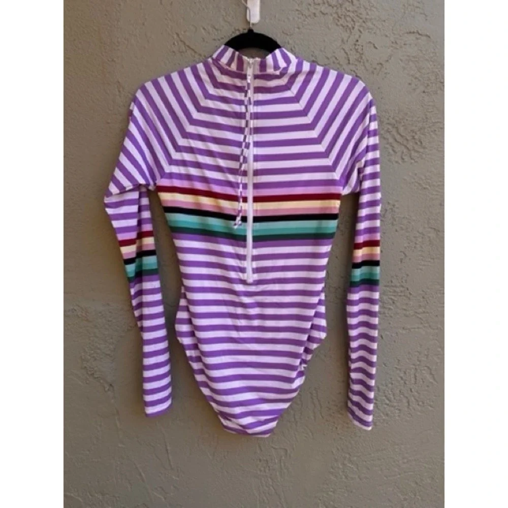 Bikini Lab NEW Purple Striped Long Sleeve One Piece Swimsuit Rash Guard MEDIUM
